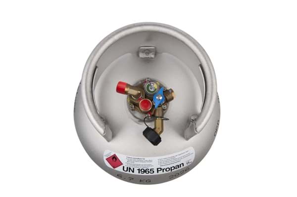 Bouteille de GPL verticale de 27 litres, rouge, avec articulation à genouillère